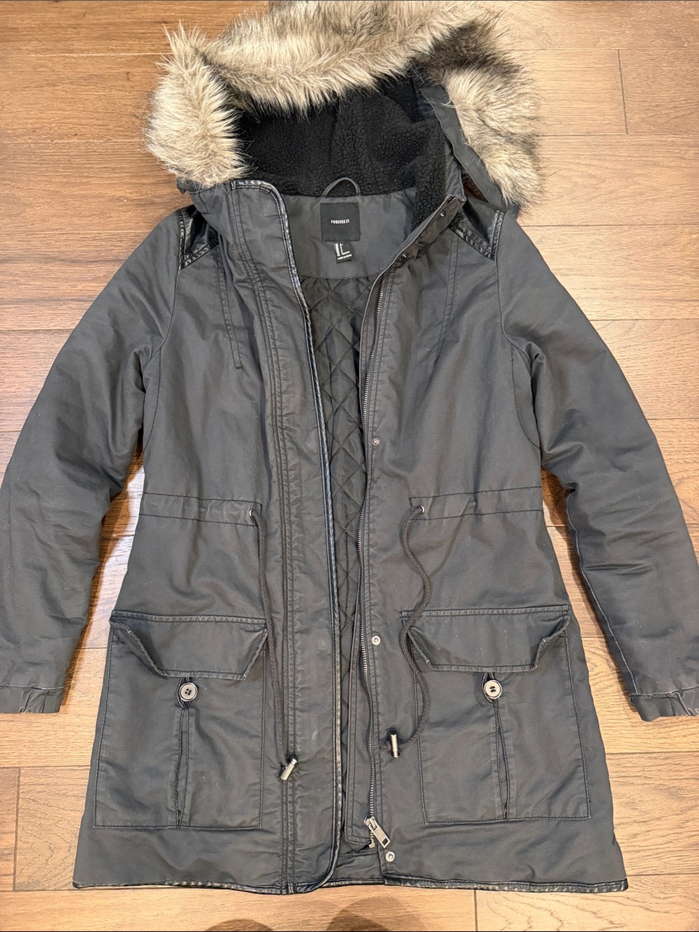 Forever 21 Hooded Parka Coat with Faux Fur Trim - Dark Gray - Size Small - C69